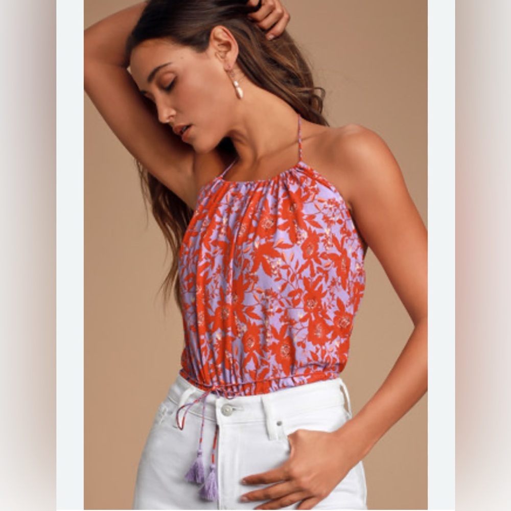 FREE PEOPLE Liza Purple Multi Floral Print Halter Bodysuit